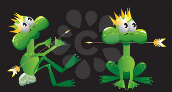 king frog cartoon with arrow and crown.