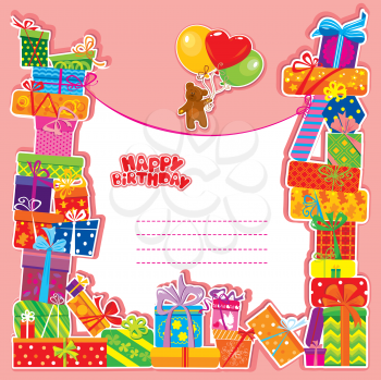baby birthday card with teddy bear and gift boxes