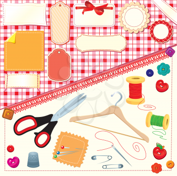 Collection of labels, sewing and knitting tools.