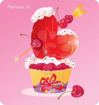 Cute Cupcake with Heart, arrow and cherry. Valentines Card