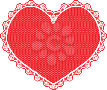 heart shape lace doily, white on red background