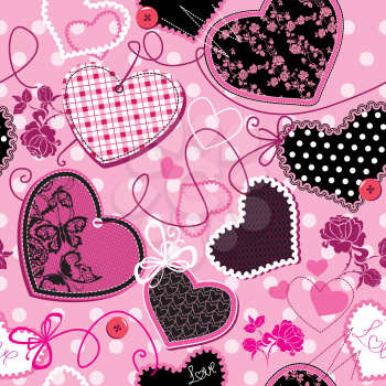 Pink and black Hearts on a pink background - seamless pattern