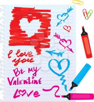 Set of different colors markers and marks - sketch elements for Valentines Day