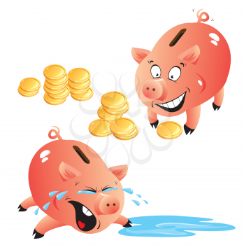 Set of emotions cartoons piggy bank and money