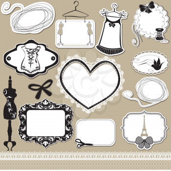 Set of frames, symbols, tools and accessories for sewing studio 