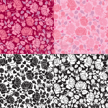 Set of ornate seamless patterns with roses silhouettes. Pink colors and black and white backgrounds. Ready to use as swatch