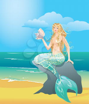 Illustration of a Beautiful mermaid girl with sea shell sitting on the stone