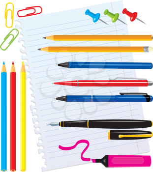 Set of office stationery - pens, color pencils, marker, paper clips, thumbtacks