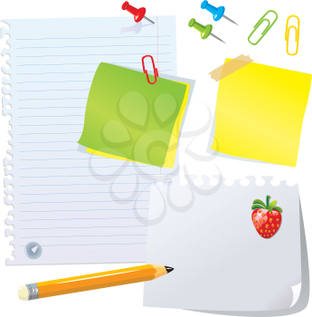 Set of office stationery - pencil, paper clips, thumbtacks, magnet  and different paper peaces and stickers