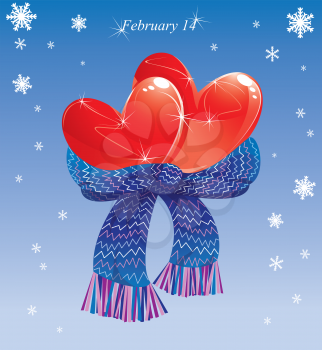 Two hearts conjuncted of warm scarf. Valentines Card