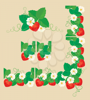 Rectangular frame ornament with Strawberries in heart shapes with flowers and leaves isolated on gray background. Pattern endless fragments and vignette. 
