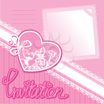 Heart and piace of paper on a pink background - invitation card