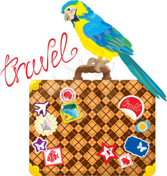 Travel concept - Suitcase with journey stickers and parrot isolated on white background
