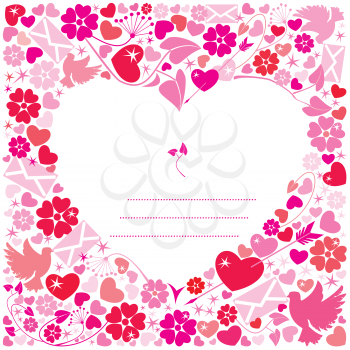 Valentine`s Day postcard - White background heart is surrounded by a flowers, doves, letters.