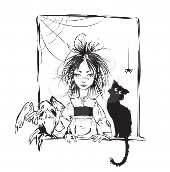 Baby witch with black cat, raven and spider looking out the window - black and white illustration.