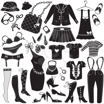 Illustration of Woman's clothes, Fashion and Accessory icon set