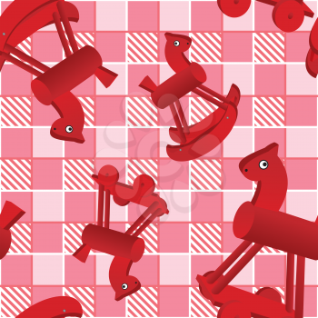seamless pattern with toys red horses on checked pink background - design for kids