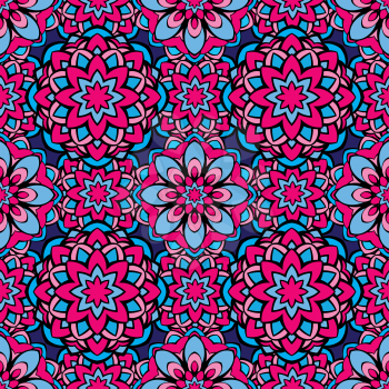 Squared background - ornamental seamless pattern in pink and blue colors. Design for bandanna, carpet, shawl, pillow or cushion.