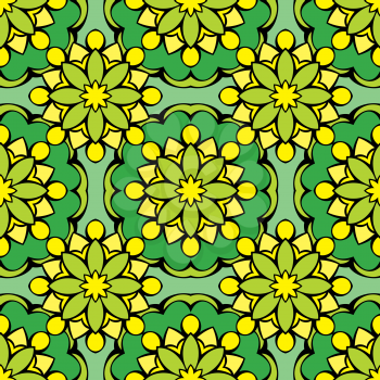 Squared background - ornamental seamless pattern in green and yellow colors. Design for bandanna, carpet, shawl, pillow or cushion.