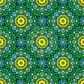 Squared background - ornamental seamless pattern in green, yellow and blue colors. Design for bandanna, carpet, shawl, pillow or cushion.