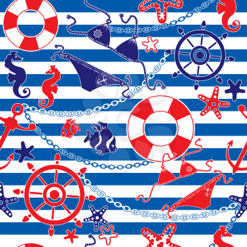 Seamless nautical pattern on striped background 