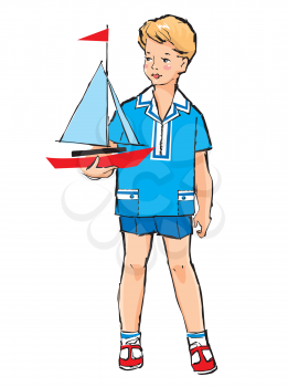 Sketch of Pretty boy with boat model in his hand in retro style