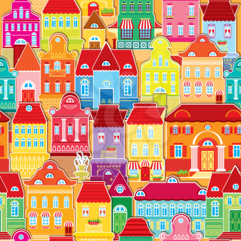 Seamless pattern with decorative colorful houses.  City endless background.
