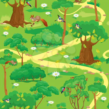 Seamless pattern - Green Forest Landscape with trees, flowers, birds and squirrels