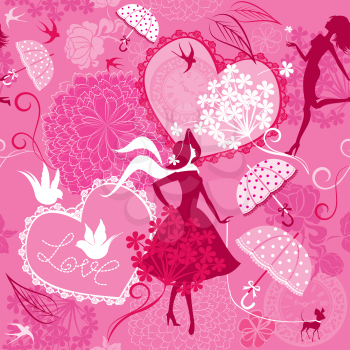 Seamless pattern in pink colors - Silhouettes of fashionable girls, hearts and birds. 