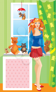 Pretty girl with teddy bear toys standing next to window