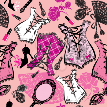 Seamless pattern with beautiful retro corsets, perfume bottles, fans, shues