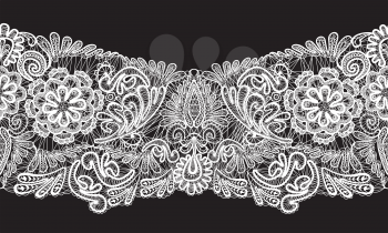 Seamless stripe - floral lace ornament - white on black background