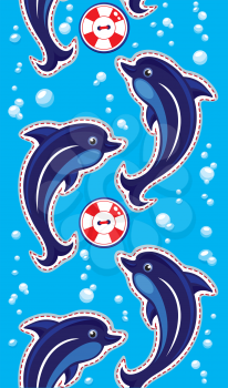 Seamless sea vertical border with dolphins and buttons