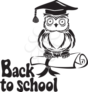 Decorative bird - owl with graduation cap and book, isolated on white background. Back to school emblem