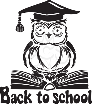 Decorative bird - owl with graduation cap and book, isolated on white background. Back to school emblem