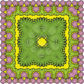 Squared background - ornamental floral pattern with palm leaves and Frangipani flowers. Design for bandanna, carpet, shawl, pillow or cushion