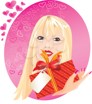 blond girl portrait with little red gift box in her hand