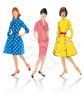 Set of elegant women - retro style fashion models - spring season