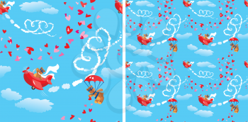 Seamless pattern. Teddy bear aviators in love. Pilots by the red planes draws hearts in the sky. Funny cartoon.