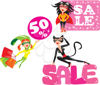 Sale concept - Set of funny cartoons Super hero Girls