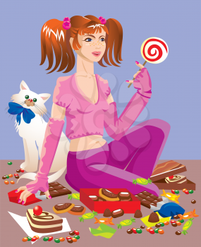 sweet tooth girl with different sweets: chocolate, cakes, lollipops, candy