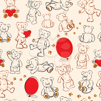 Seamless texture with teddy bears, hearts and balloons
