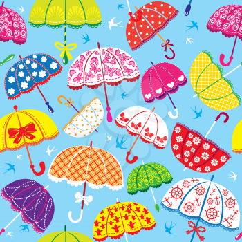 seamless pattern with colorful umbrellas on blue background