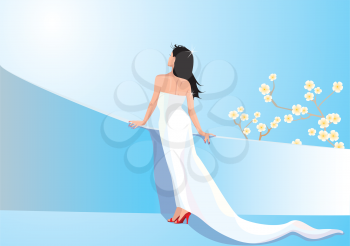 Beautiful woman dressing white dress on balcony (honeymoon illustration)
