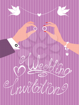 wedding invitation -  groom and bride hands with wedding rings