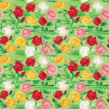 Hand painted roses seamless pattern in pink, red, white and yellow tones on green background. 