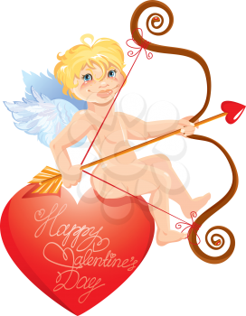 Cute angel with arrow and bow sitting on big red heart. Valentines Day card design. 
