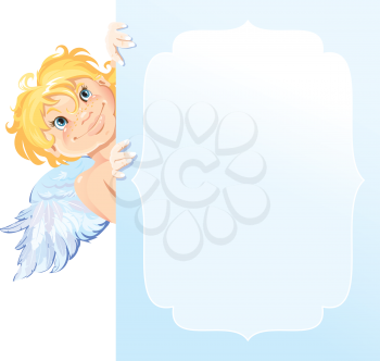 Cute angel peeking round from behind  frame. Valentines Day card design. 