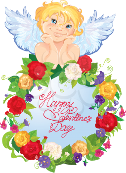 Valentine`s Day illustration with roses flowers round frame and angel. Calligraphic text Happy Valentine`s Day