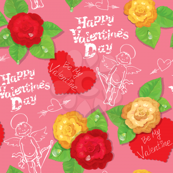 Valentines Day seamless pattern with hand drawn angels, hearts and roses on pink background
